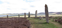 Ring o' Brodgar (2500 BC and 2000 BC) is on an eastward-sloping plateau on the Ness o' Brodgar - a thin strip of land  in the  West Mainland parish of Stenness, Orkney, Scotland.