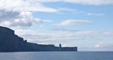 Distant view of the 'Old Man of Hoy' from the Northlink Ferry traveling from Stromness via the Pentland Firth to Scrabster