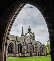 King's College chapel,  built in 1500.  It is one of the best examples in Scotland of a collegiate church with its distinctive crown tower.  The crown tower fell in 1633 and was restored .