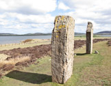 Ring o' Brodgar (generally believed to have been built between 2500 BC and 2000 BC) stands on an eastward-sloping plateau on the Ness o' Brodgar - a thin strip of land separating the Harray and Stenness lochs in the  West Mainland parish of Stenness.  It is believed to be the last of the great Neolithic monuments built on the Ness.