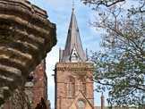 12C St. Magnus Cathedral spire viewed from the 17C Earl's Palace, Kirkwall.